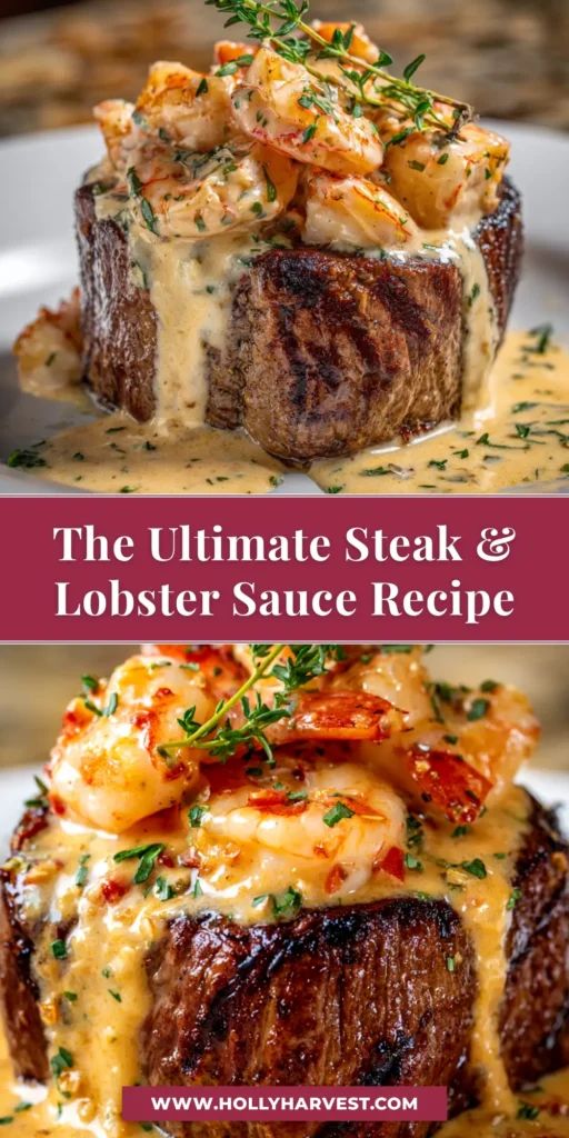 An overhead shot of a perfectly cooked steak with lobster sauce. The steak is sliced, revealing a pink center, and is generously topped with a creamy sauce filled with chunks of lobster meat and fresh chives.