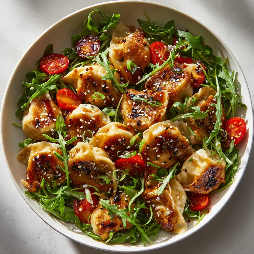 Crispy Dumpling Salad (The Easiest, Tastiest Recipe!) 1 A large bowl of the finished Crispy Dumpling Salad being tossed, with the zesty sesame ginger dressing being drizzled over the top.