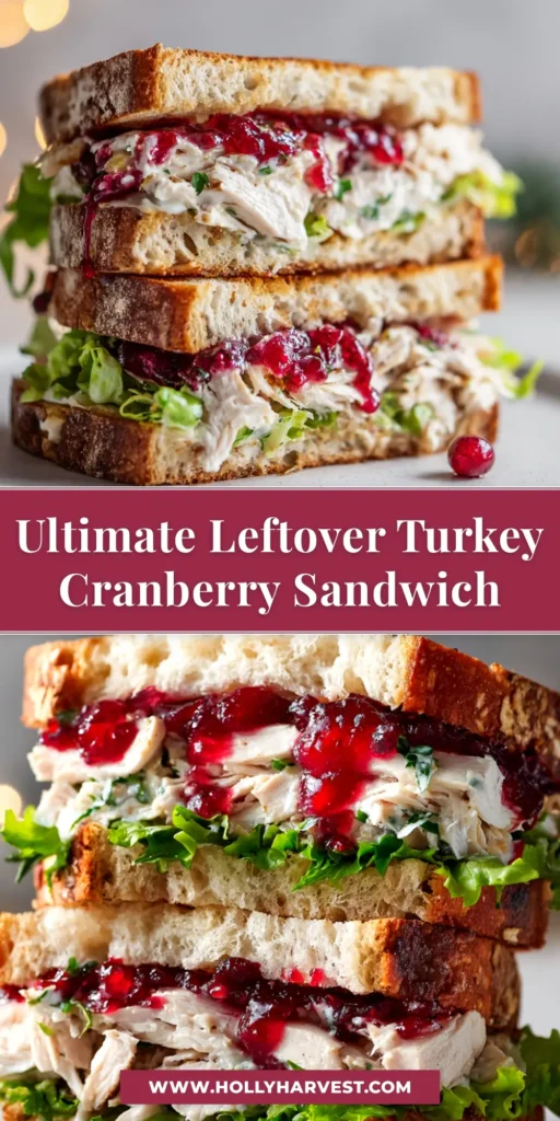 The ultimate leftover turkey sandwich, sliced in half and stacked, showing layers of turkey, stuffing, cranberry sauce, and lettuce on toasted bread.