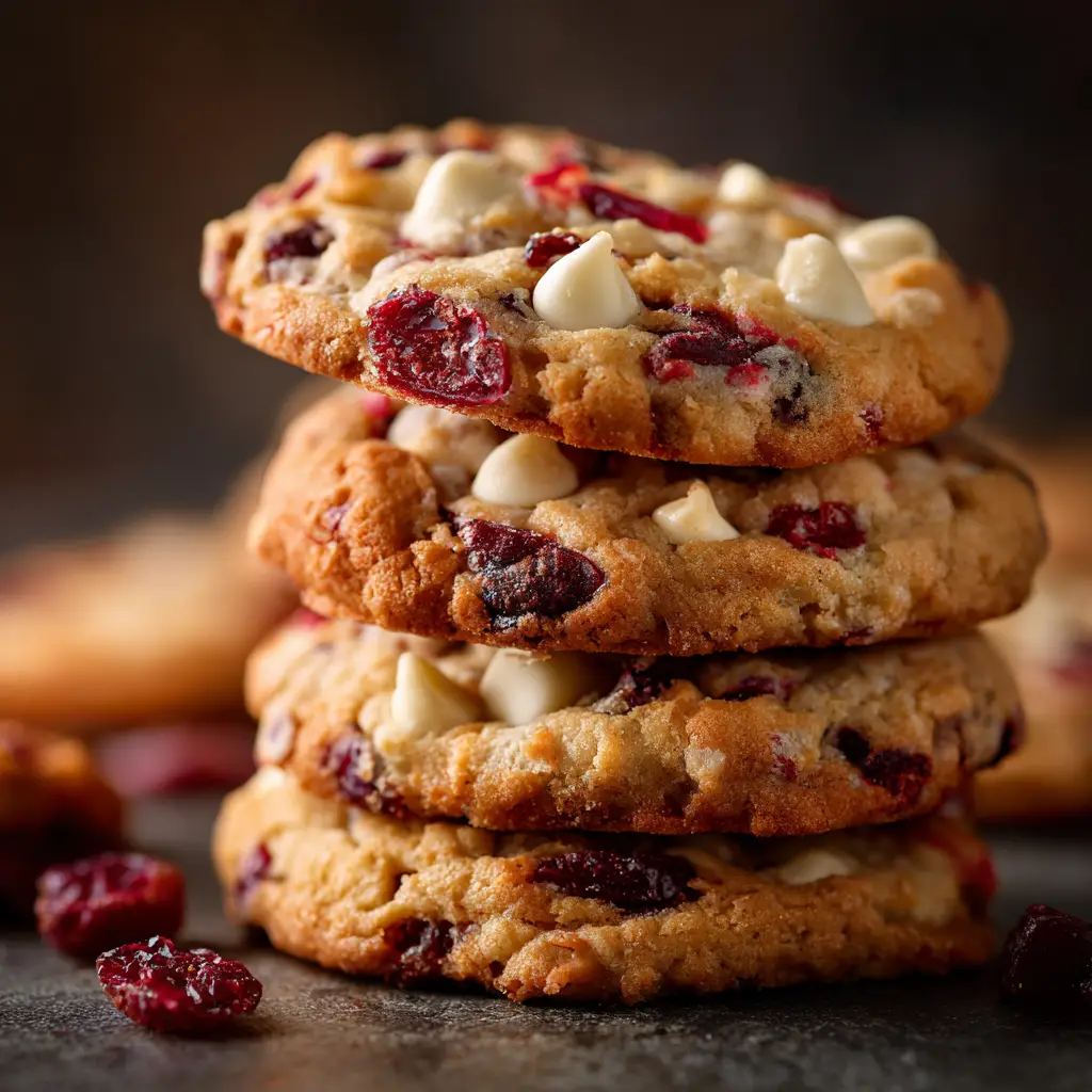 A baker scooping balls of white chocolate cranberry cookie dough onto a parchment-lined baking sheet before baking.