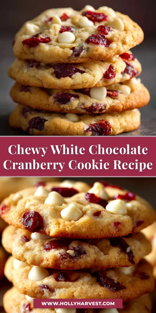 A stack of soft and chewy white chocolate cranberry cookies on a festive plate, with one cookie broken in half to show the texture.
