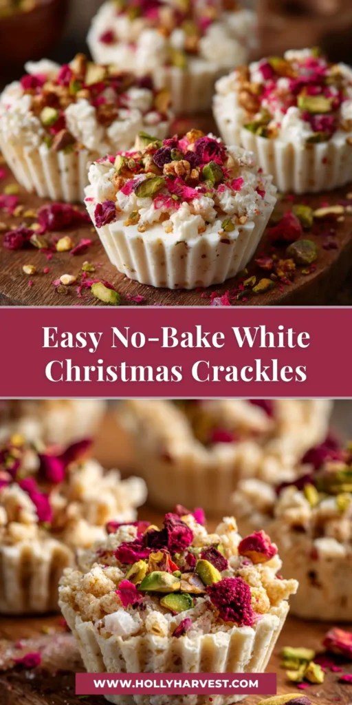A top-down view of perfectly cut White Christmas Crackles squares arranged on a festive platter, ready to be served.