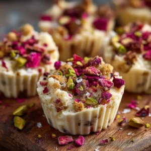 A close-up shot showing the crunchy texture of the rice bubble slice with white chocolate and festive sprinkles.