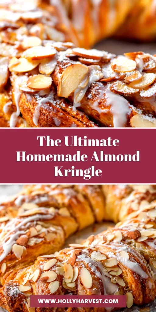 An authentic Almond Kringle Recipe, shown as a full oval pastry drizzled with white icing and topped with sliced almonds on a wooden board.
