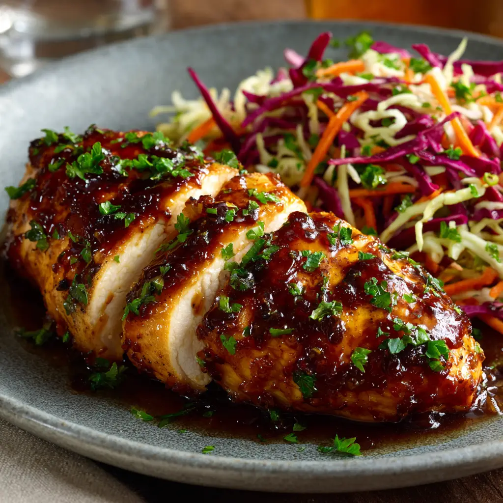 The process of simmering the apple cider glaze in a dark skillet with fresh thyme sprigs.