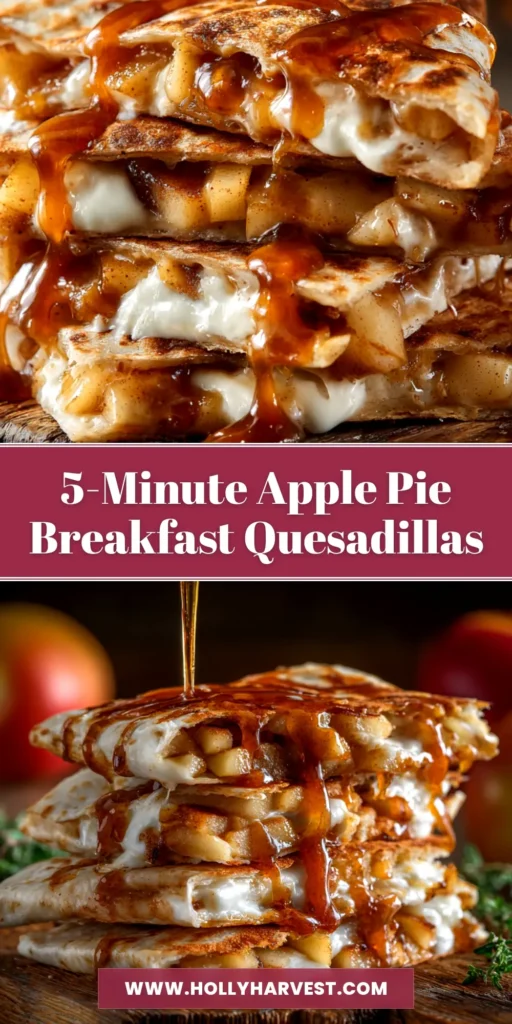 A delicious stack of Apple Cinnamon Breakfast Quesadillas cut into wedges, showing the warm, gooey apple filling. A perfect sweet quesadilla for a fall breakfast.