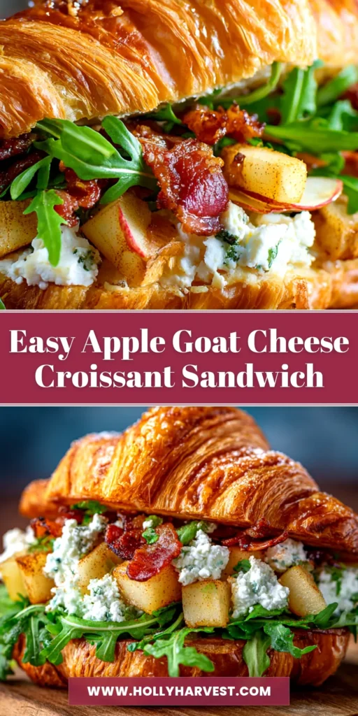 An overhead shot of a delicious Apple Goat Cheese Croissant, cut in half to show the melted goat cheese and apple slices inside, ready to be pinned.