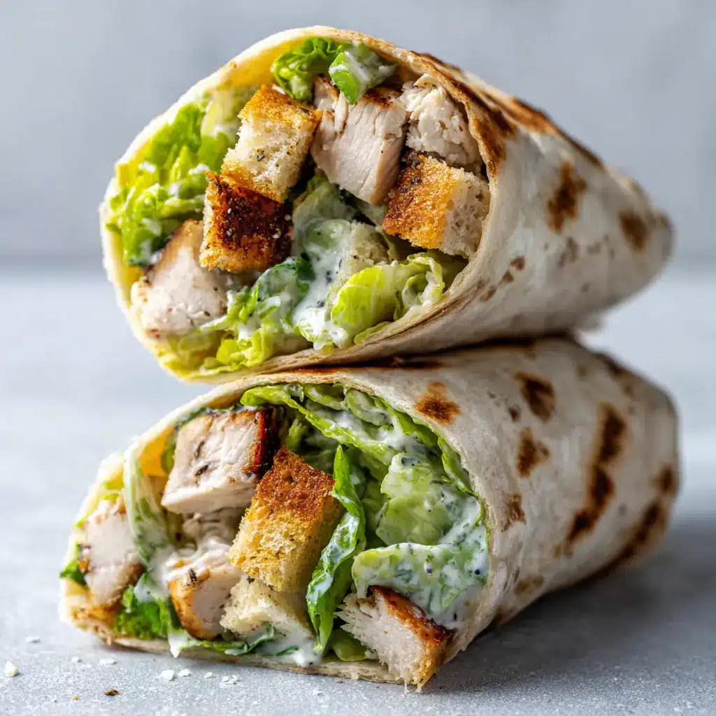 Assembling the chicken Caesar wraps with all the ingredients laid out: cooked chicken, homemade dressing, romaine lettuce, and large tortillas.