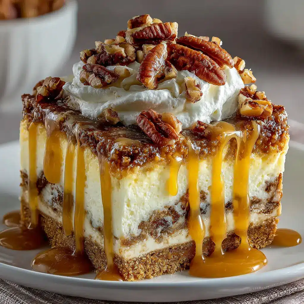 The pecan pie filling being spread over the creamy cheesecake layer in a 9x13 baking dish before chilling.