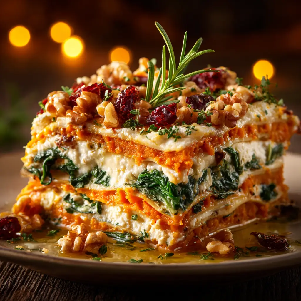 The sweet potato lasagna being assembled in a baking dish, showing the layers of sweet potato, ricotta cheese, and meat sauce.
