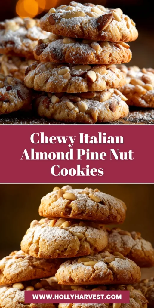 Pignoli Cookies: The Authentic Italian Recipe 4 A beautiful overhead shot of authentic pignoli cookies arranged on a cooling rack. The cookies are perfectly golden with a generous coating of toasted pine nuts, showcasing their classic chewy texture.