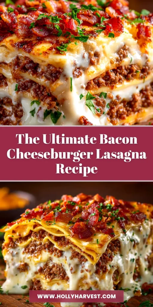 A delicious slice of Bacon Cheeseburger Lasagna on a plate, showing layers of ground beef, cheese, and bacon. The perfect comfort food recipe.