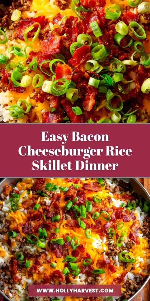A top-down view of the Bacon Cheeseburger Rice Skillet in a cast iron pan, topped with melted cheese, crispy bacon, and fresh tomatoes. The perfect one-pan dinner recipe.