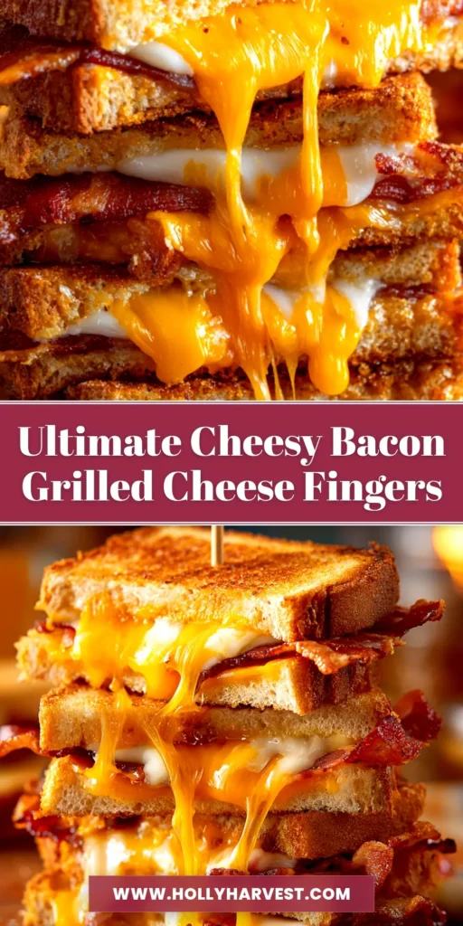 A perfectly cooked bacon wrapped grilled cheese sliced in half, revealing a gooey, melted cheese center, resting on a wooden board.