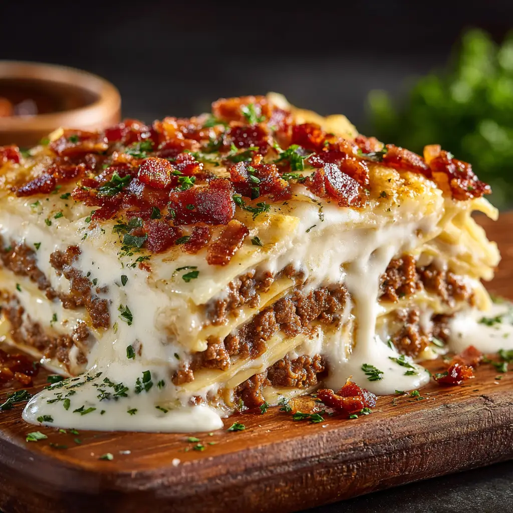 The full 9x13 baking dish of Bacon Cheeseburger Lasagna fresh from the oven, with a golden-brown cheesy topping and crumbled bacon.