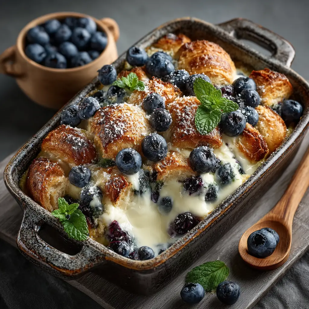 A freshly baked Blueberry Cream Cheese Croissant Casserole in a rustic baking dish, with a golden-brown top. A perfect sweet breakfast casserole.
