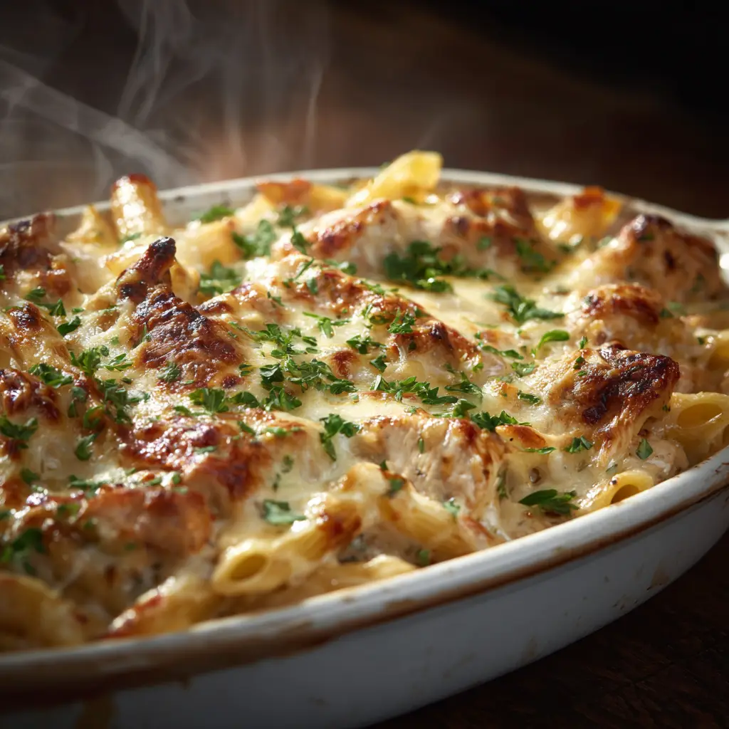 The Creamy Chicken Pasta Bake being assembled in a baking dish before going into the oven, topped with shredded mozzarella cheese.
