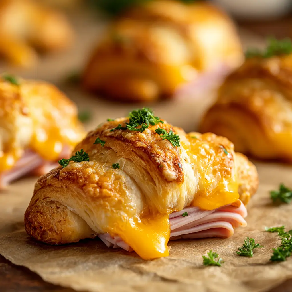 A batch of ham and cheese crescent appetizers fresh out of the oven on a baking sheet, ready to be served.