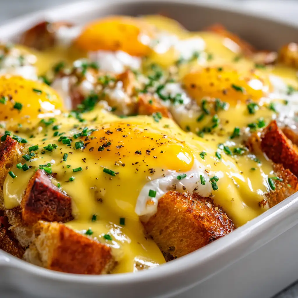 Eggs Benedict Casserole (The Ultimate Holiday Brunch Recipe) 2 An extreme close-up of the golden-brown, cheesy top of a freshly baked overnight Eggs Benedict Casserole in a baking dish.