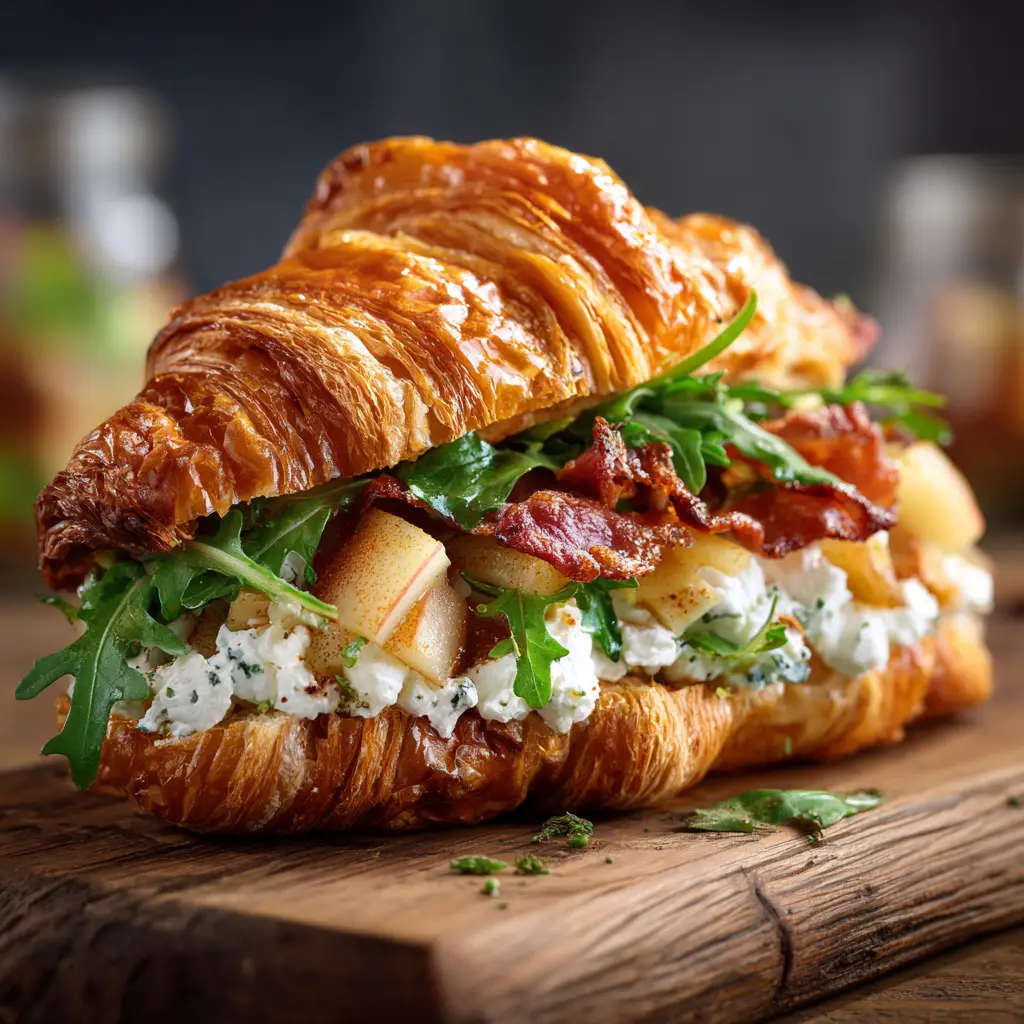 A baked goat cheese appetizer featuring a warm croissant filled with melted goat cheese, apples, and walnuts, creating a gourmet treat.