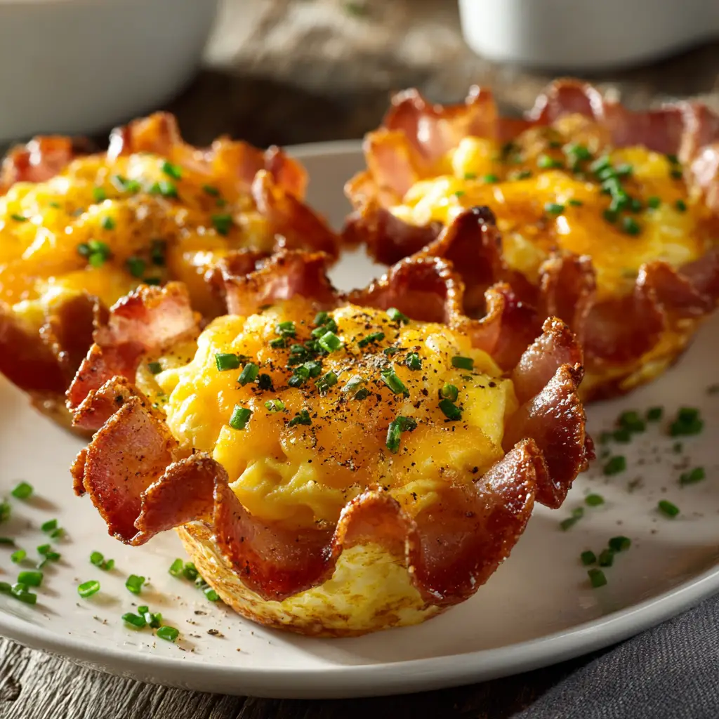Ham and Egg Cups (The Easiest, Tastiest Recipe) 2 A plate of perfectly baked ham and egg cups, showing the melted cheese and firm egg whites. A great example of muffin tin eggs.