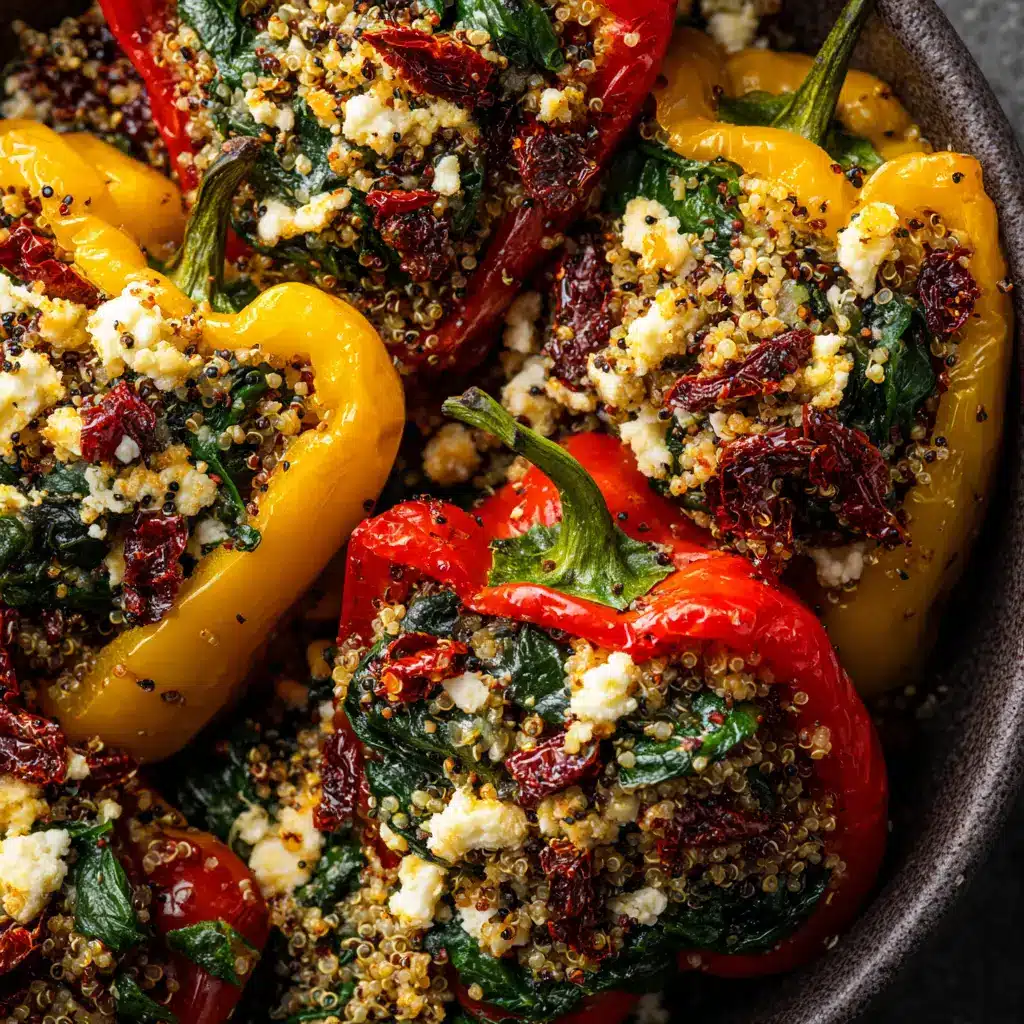 Mediterranean Stuffed Peppers: A Healthy & Easy Recipe 2 A close-up overhead view of a colorful baked Mediterranean stuffed pepper, showing the delicious filling of quinoa, ground turkey, and feta.