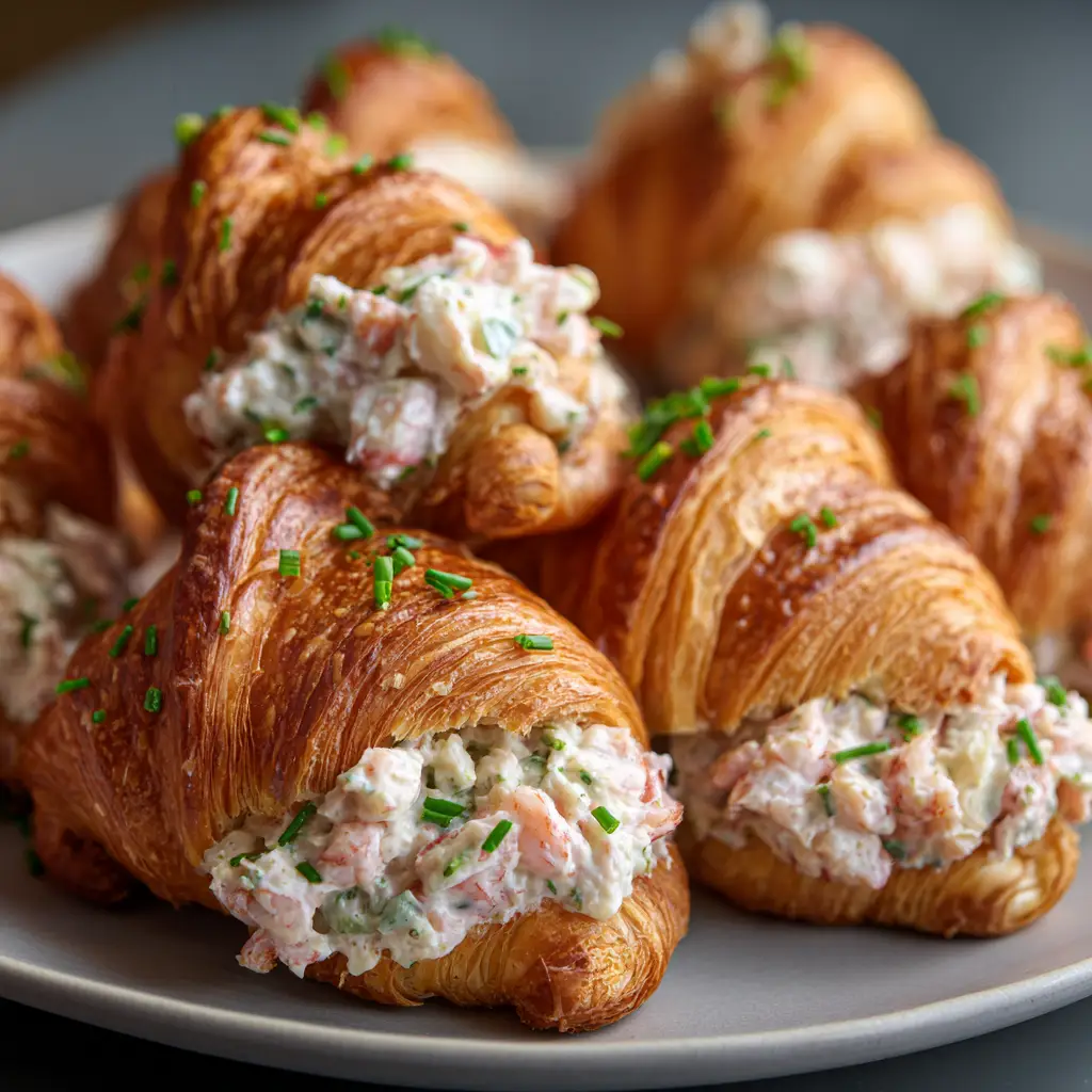 Shrimp Stuffed Croissants: The Ultimate Buttery Appetizer 1 Several baked shrimp stuffed croissants arranged on a baking sheet fresh out of the oven, golden brown and delicious.