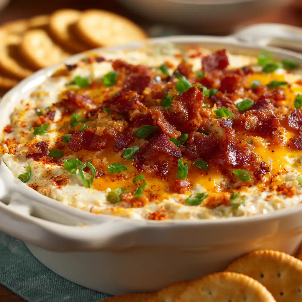 Thanksgiving Appetizer: The Ultimate 5-Ingredient Bacon Cheddar Dip 1 An overhead shot of the baked Thanksgiving appetizer dip, topped with crispy bacon and fresh green onions.