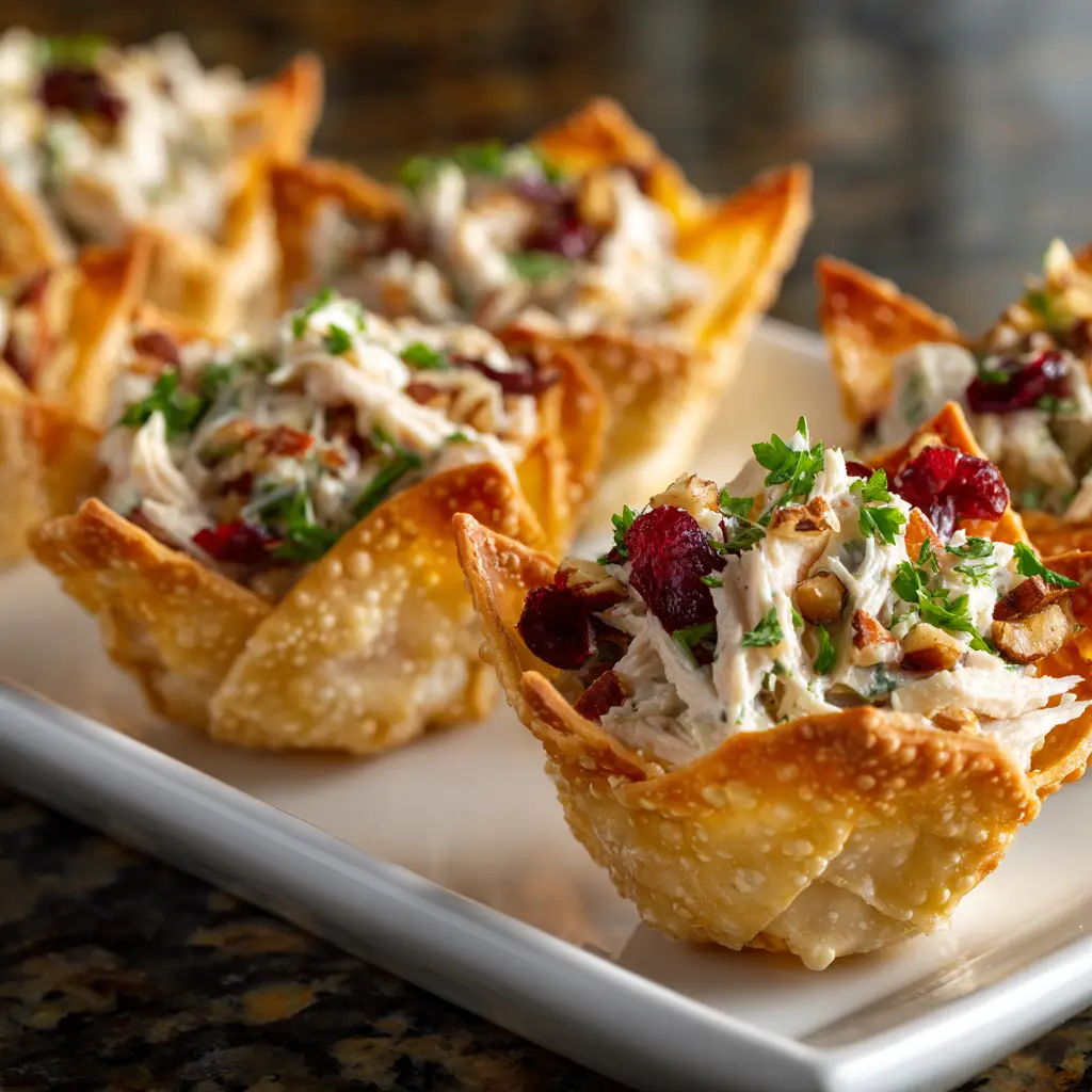 Chicken Salad Wonton Cups (The Perfect 30-Minute Appetizer) 2 A close-up shot of baked wonton cup appetizers filled with creamy chicken salad. The cups are golden brown and crispy.