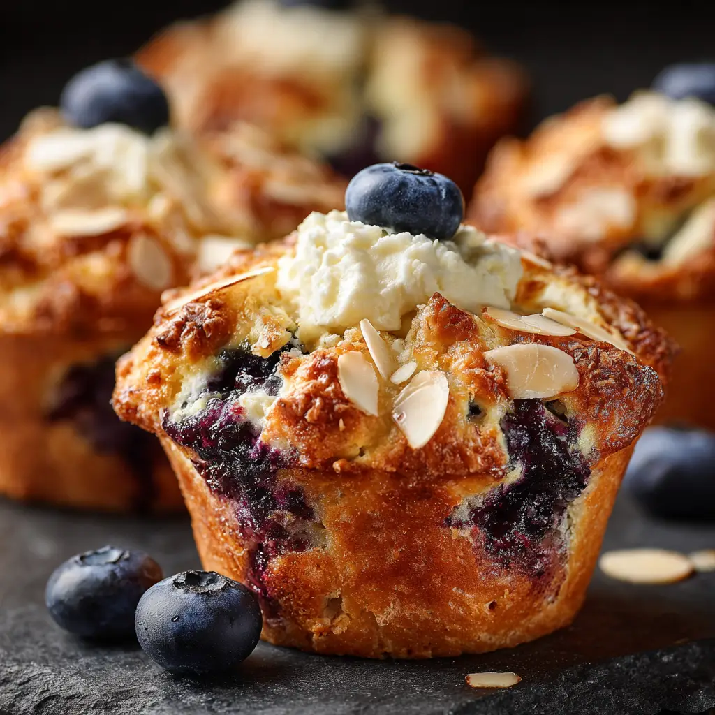 A freshly baked blueberry muffin with a generous cream cheese filling in the center. The muffin has a perfectly golden dome.
