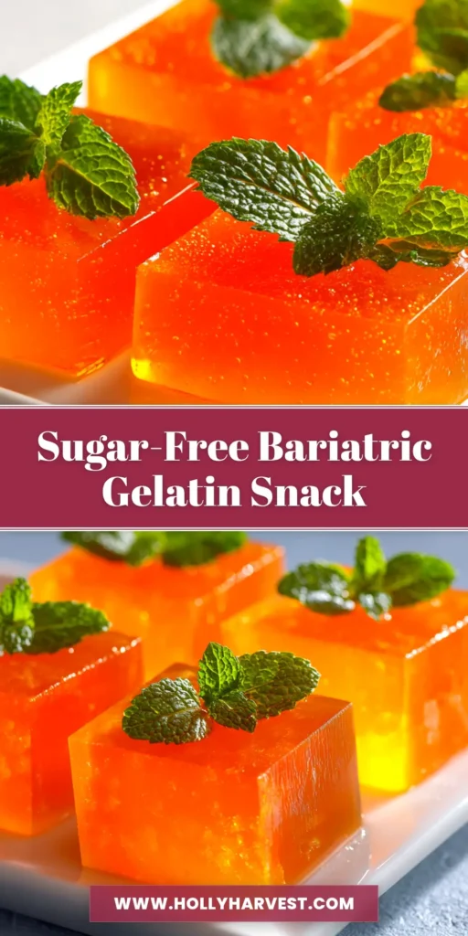 A vibrant orange bariatric gelatin recipe cut into squares. This high-protein, sugar-free snack is perfect for a post-op diet.