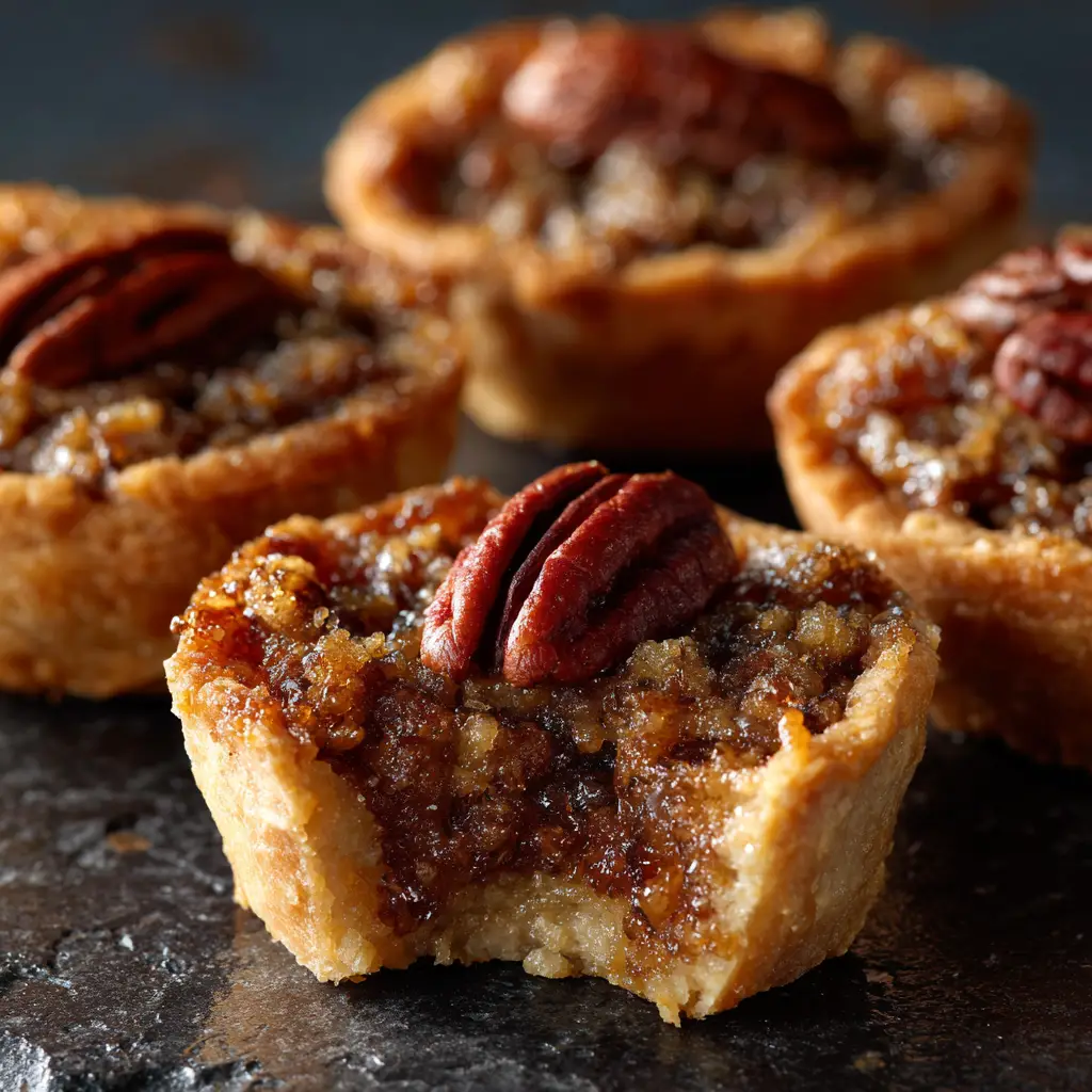 A batch of pecan tassies arranged neatly on a festive platter. The cream cheese pastry cups are filled with a sweet pecan mixture, ready to be served.