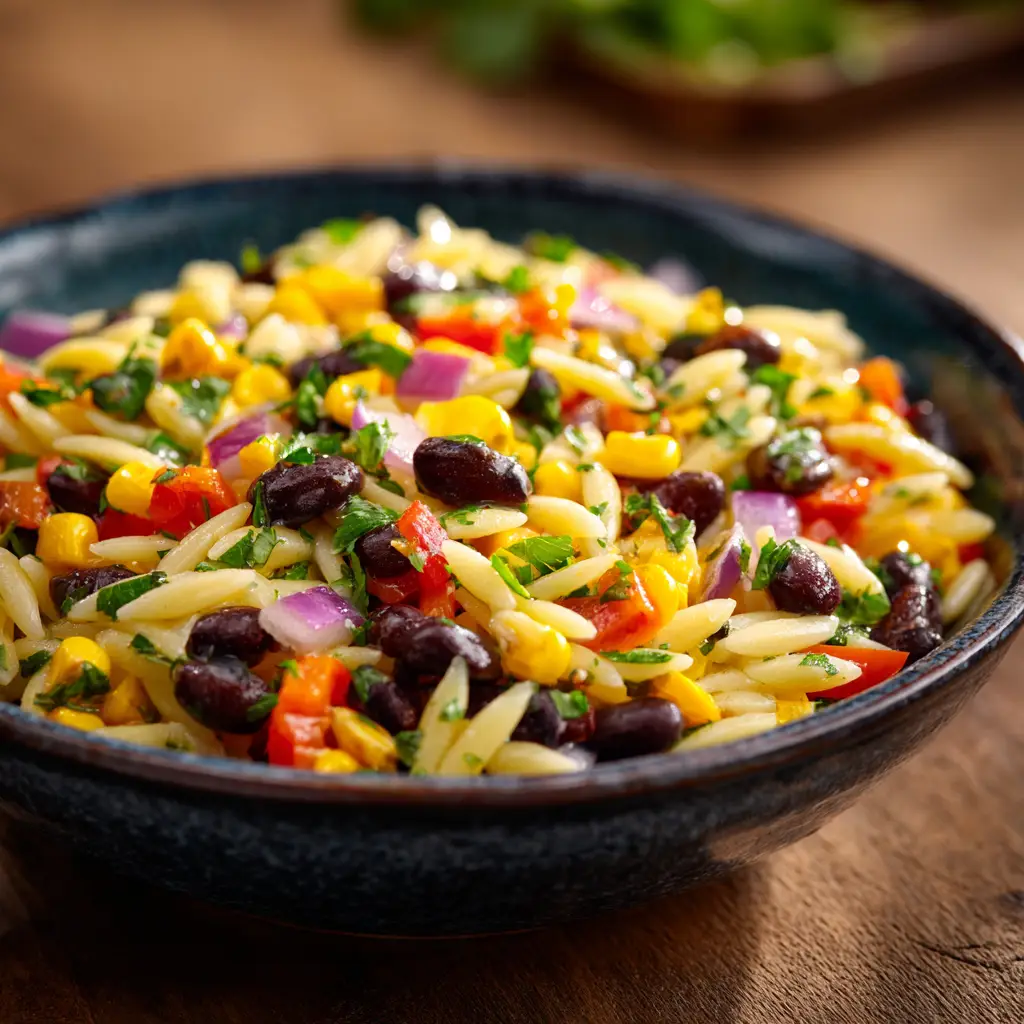 A close-up view of the BBQ ranch pasta salad, showing the details of the seasoned ground beef, tomatoes, and cheddar cheese.