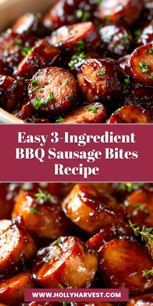 A top-down view of a white bowl filled with glossy BBQ sausage bites, garnished with fresh parsley. The perfect easy party appetizer.