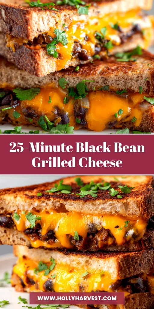 A delicious Black Bean Grilled Cheese sandwich cut in half to show the gooey, melted cheese and savory black bean filling. The perfect vegetarian lunch idea.