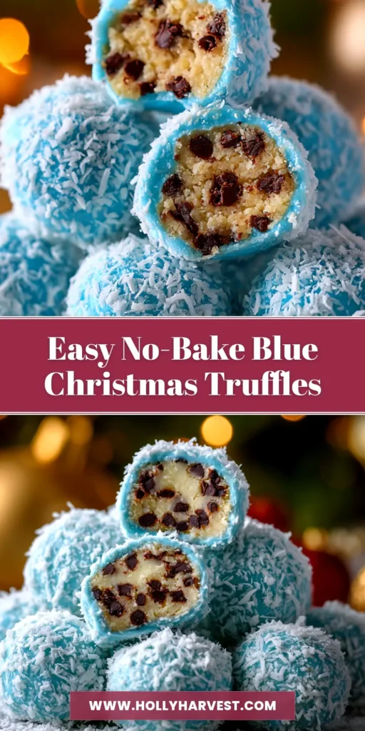 A close-up shot of several vibrant Blue Christmas Truffles coated in sparkling white and blue sprinkles, arranged festively on a plate.