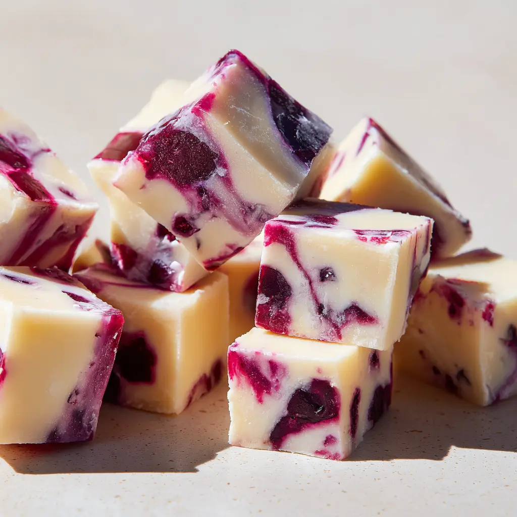 A full pan of blueberry cheesecake fudge with beautiful purple swirls, just after setting.