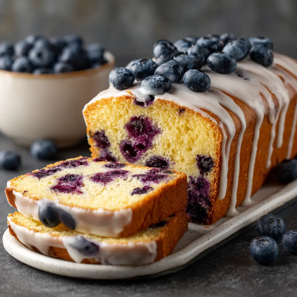Blueberry Cream Cheese Bread (The Easiest, Moistest Recipe!) 2 A full loaf of freshly baked blueberry bread with a cream cheese swirl, sitting on a wooden cutting board before being sliced.