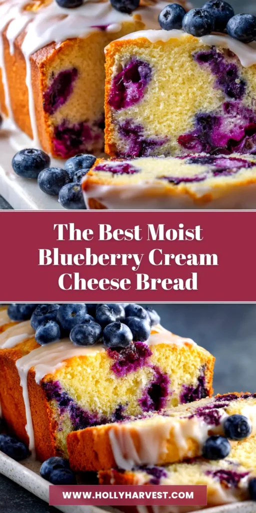 Blueberry Cream Cheese Bread (The Easiest, Moistest Recipe!) 3 A beautiful slice of moist Blueberry Cream Cheese Bread on a plate, showing the cream cheese swirl and juicy blueberries.
