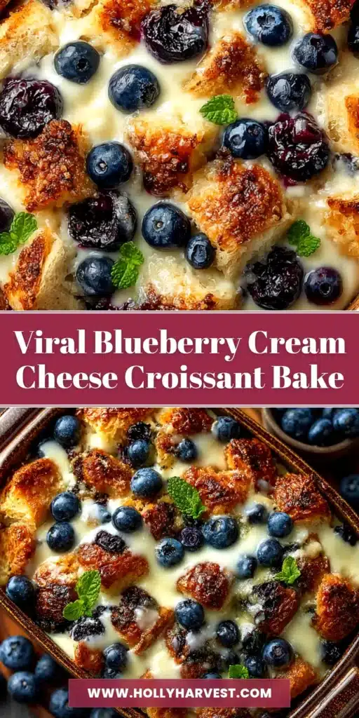 A delicious slice of Blueberry Cream Cheese Croissant Casserole on a white plate, showing the creamy texture and juicy blueberries. The perfect make-ahead brunch recipe.