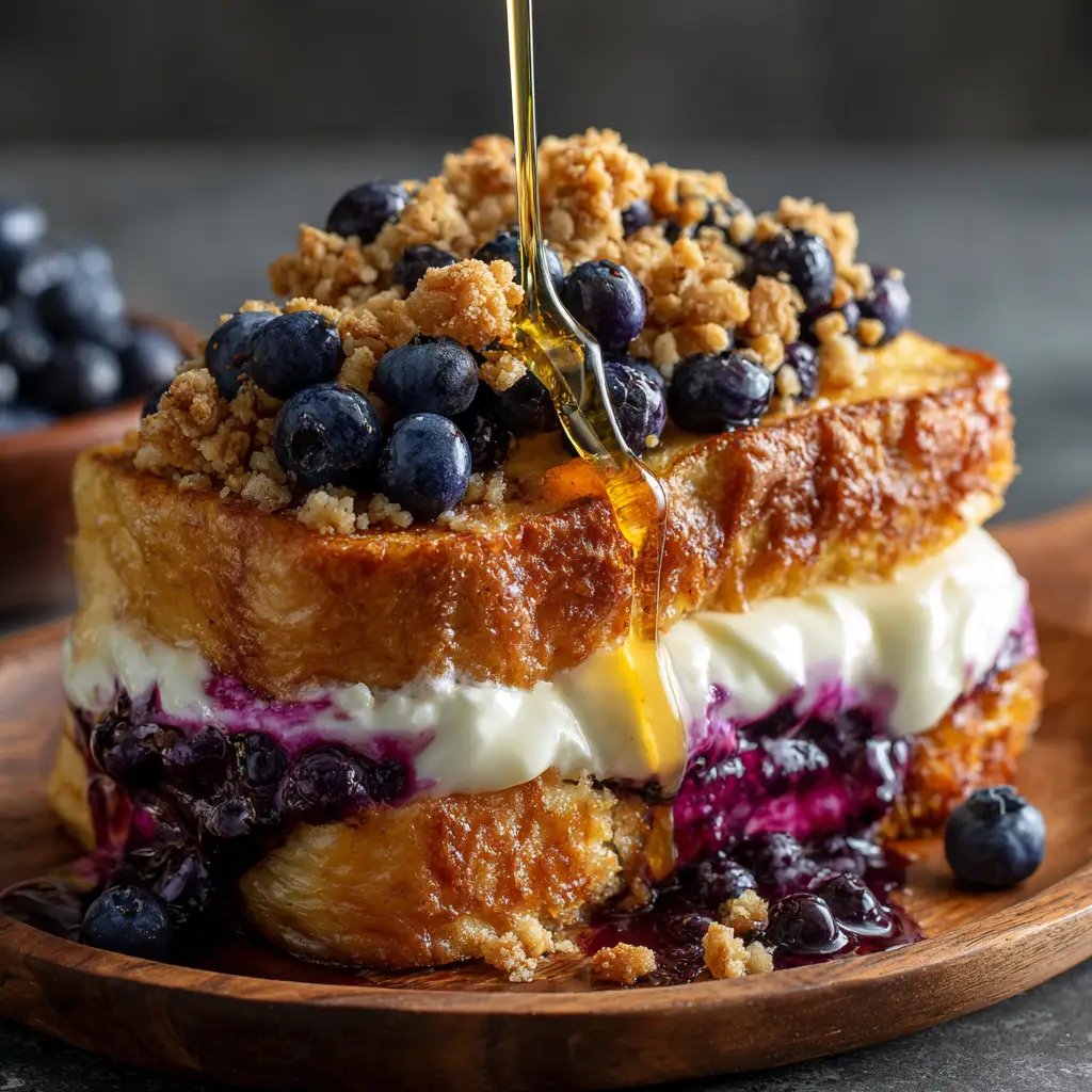 A bite taken out of a piece of Blueberry Cream Cheese French Toast, revealing the creamy, melted cream cheese filling swirled with blueberries.