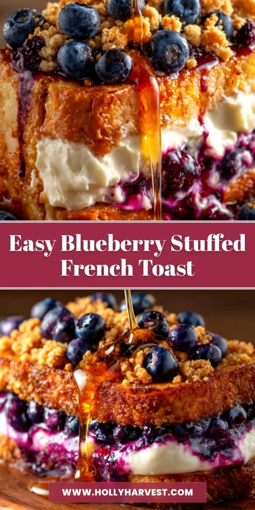 A stack of golden-brown Blueberry Cream Cheese French Toast, with cream cheese filling oozing out and topped with a vibrant blueberry sauce and a dusting of powdered sugar.