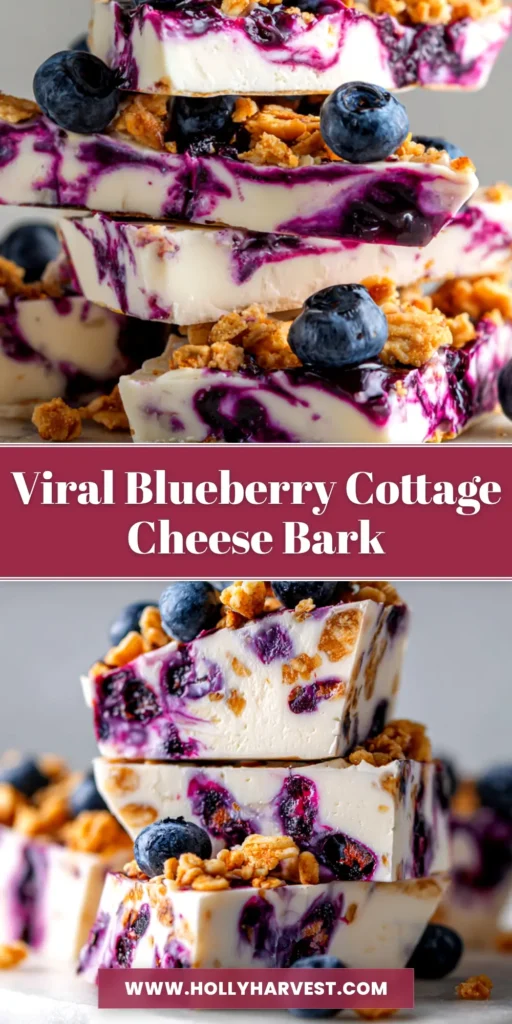 A close-up shot of several pieces of Blueberry Frozen Cottage Cheese Bark stacked on a white plate, showcasing the creamy texture and vibrant blueberries.