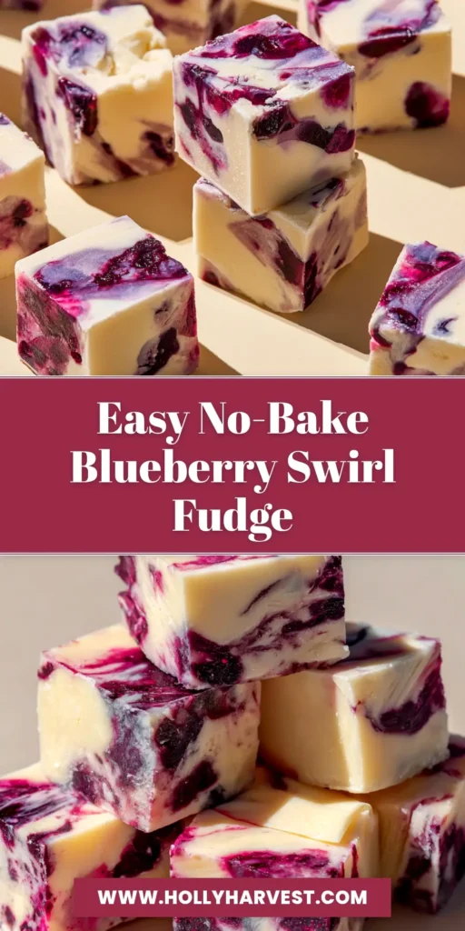 Easy Blueberry Fudge Recipe with white chocolate and a blueberry swirl. A simple and delicious no-bake dessert, perfect for sharing.