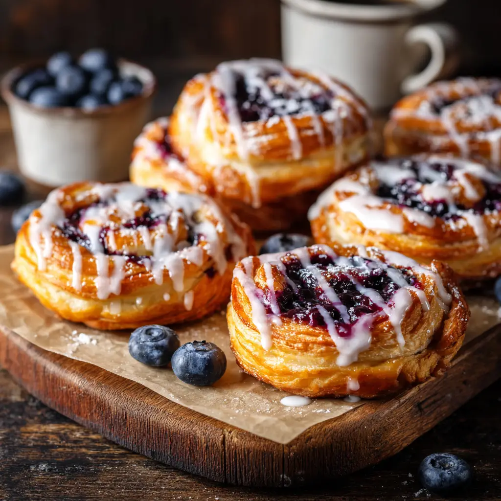 A close-up of a perfectly baked Blueberry Lemon Danish showing the sweet cream cheese filling and jammy blueberry topping before being glazed.