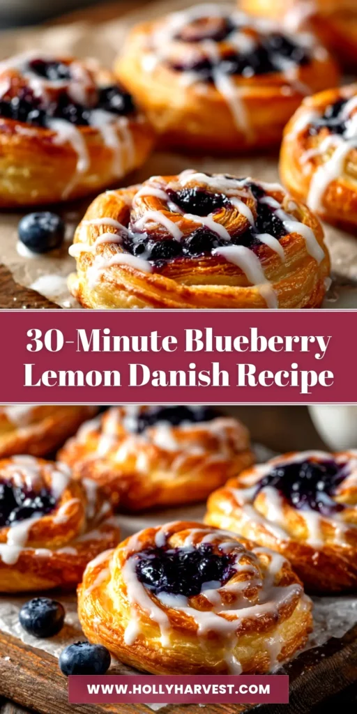 A beautiful braided Blueberry Lemon Danish on parchment paper, drizzled with a lemon glaze and garnished with fresh lemon zest. This easy puff pastry recipe is perfect for brunch.