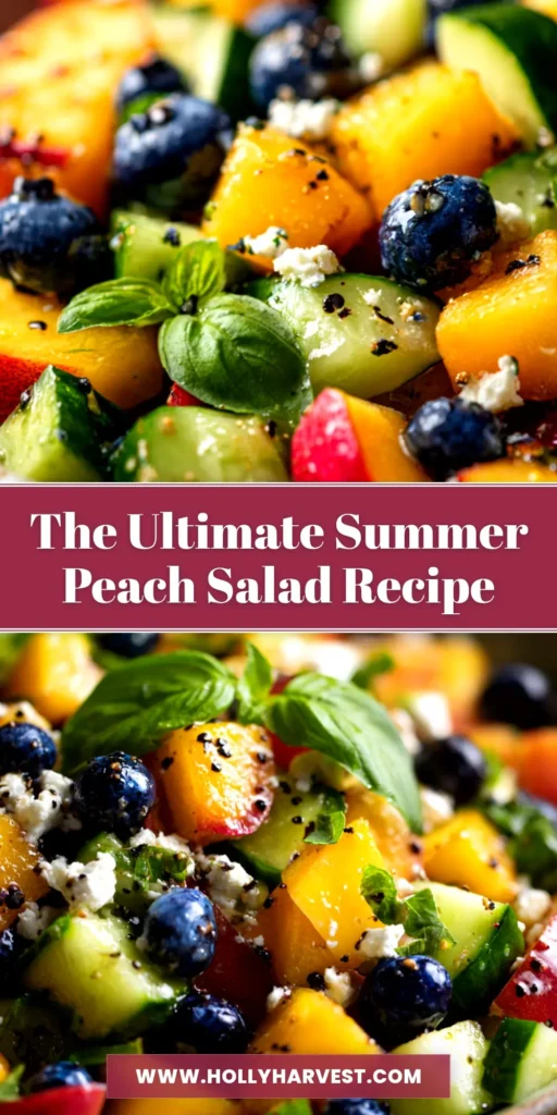 Blueberry Peach Feta Salad with Lemon Vinaigrette 3 A beautiful overhead shot of the Blueberry Peach Feta Salad in a white serving bowl, showcasing the vibrant colors of the peaches, blueberries, and greens.