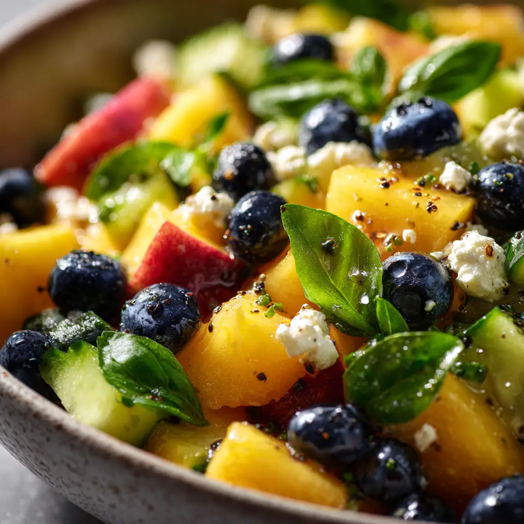 Blueberry Peach Feta Salad with Lemon Vinaigrette 1 A fork taking a bite of the blueberry salad with feta, highlighting the delicious combination of flavors and textures in this easy summer salad.