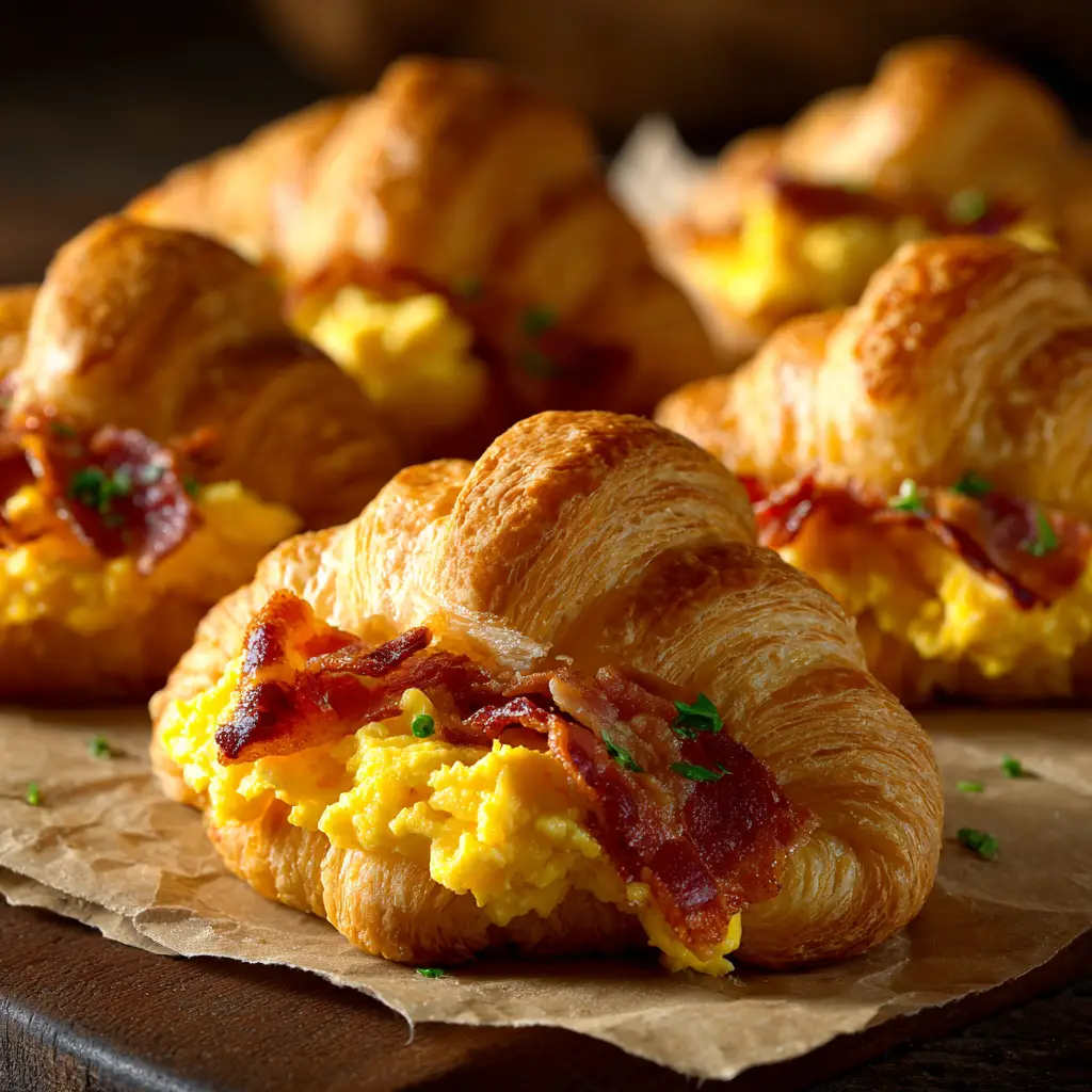 Breakfast Crescent Rolls (Easy 30-Minute Recipe) 1 A breakfast crescent roll being gently pulled apart to show the melted cheese and savory sausage and egg filling inside.