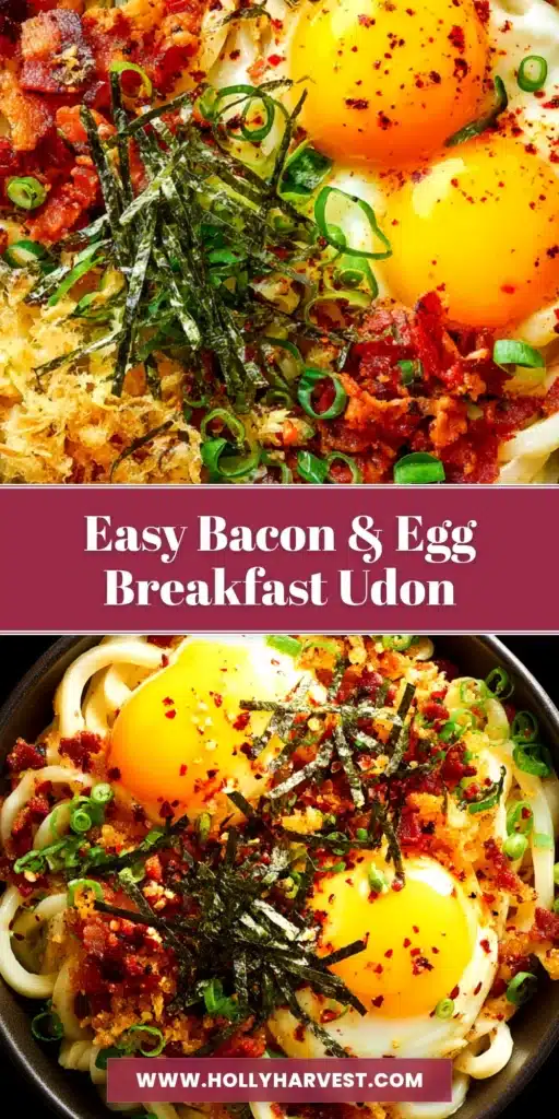 Breakfast Udon: The Ultimate 15-Minute Savory Noodle Bowl 3 An overhead shot of a vibrant bowl of Breakfast Udon, featuring chewy noodles in a dark broth, a jammy soft-boiled egg, crispy bacon, and fresh scallions.